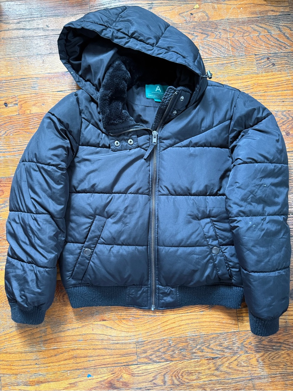 Aeropostale Black Hooded Puffer Jacket for Kids with Faux-Fur Lining